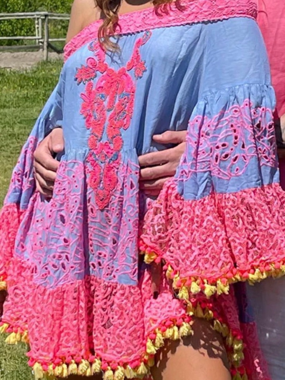 Off-Shoulder Blue and Hot Pink Embroidered Swim Coverup